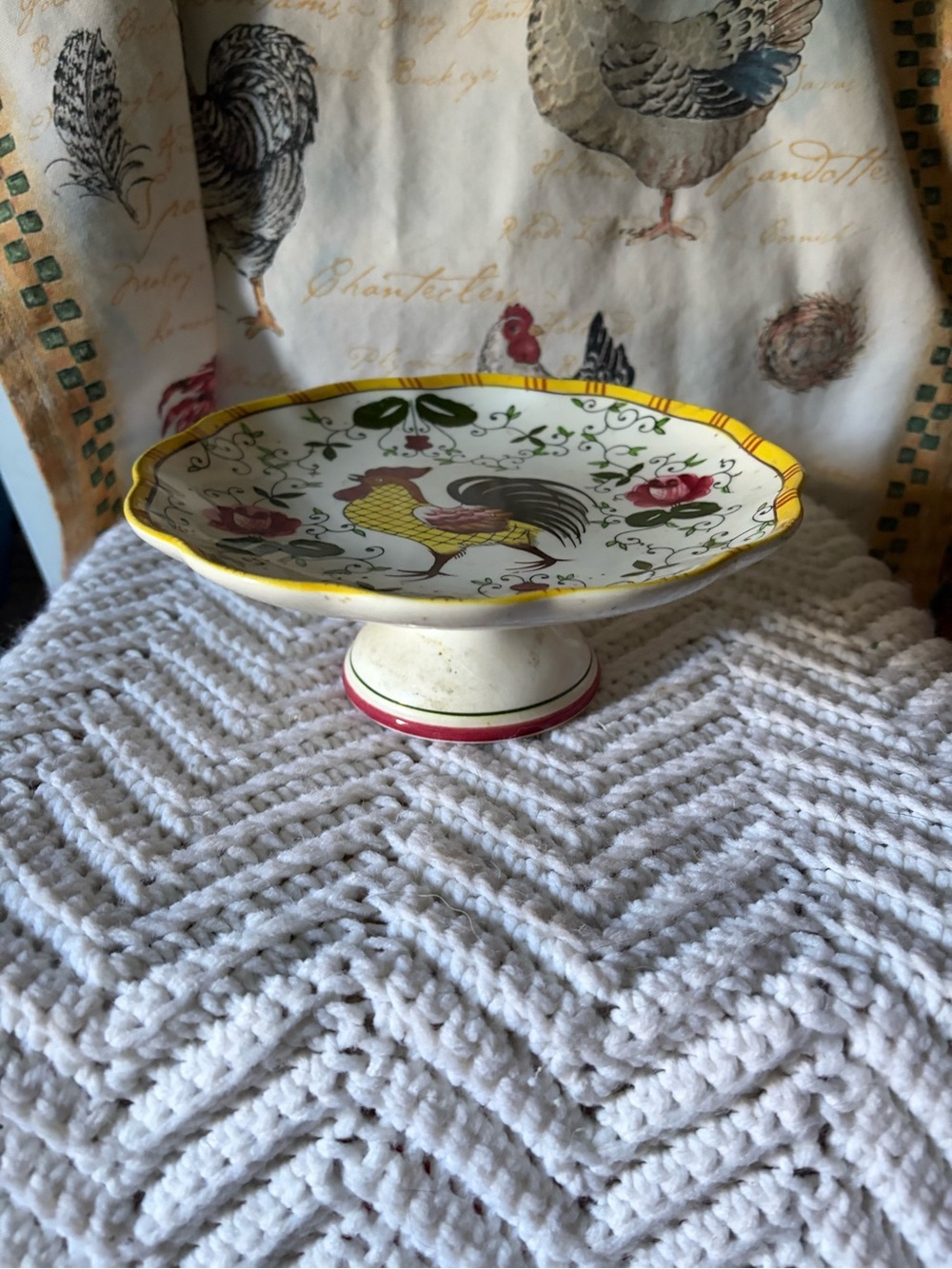 Hand-Painted Rooster Ceramic Pedestal Dish - Yellow Accent